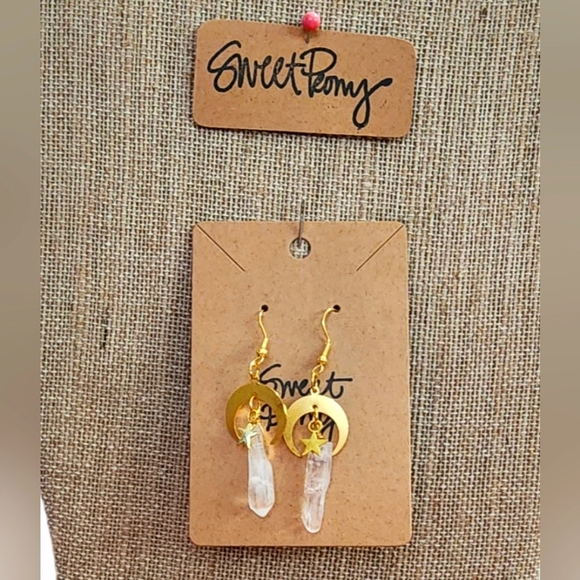 Sweet Peony Jewelry - Eye Catching Moon and Star and Clear Quartz Earrings Gold Earthy Semi Precious